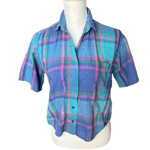 VTG 80s plaid short sleeve buttondown shirt blue pink high low cotton small